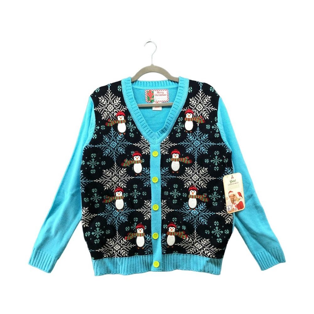 NWT Merry Christmas Ugly Christmas Sweater Unisex M Blue V Neck Cardigan Grandma